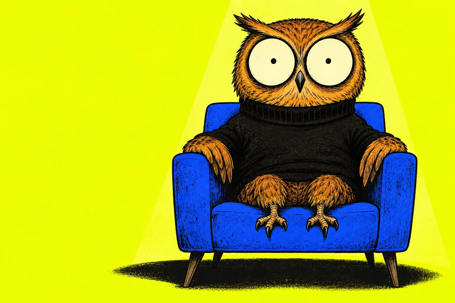 Original wide-eyed owl in a black turtleneck, seated for an intensely awkward interview